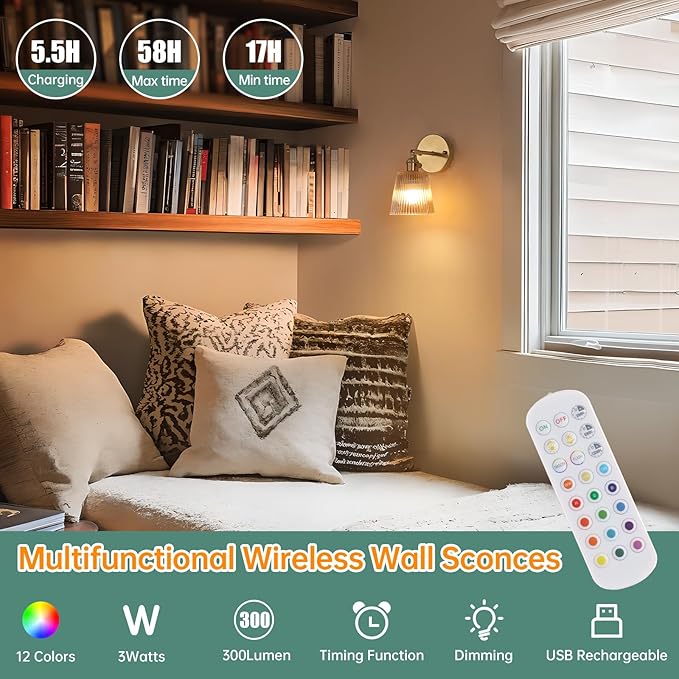 Shenmoyl Vintage Battery Operated Wall Sconce with Amber Stripe Glass Lampshade Rechargeable Battery Powered Wall Light with Remote Control for Bedside Bedroom Doorway