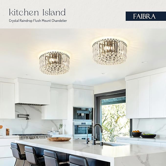 12.6" Black K9 Crystal Raindrop Flush Mount Ceiling Light, Modern Chandelier, Round Luxury Light Fixture for Dining Room, Bedroom, Hallway, Kitchen Island & Living Room