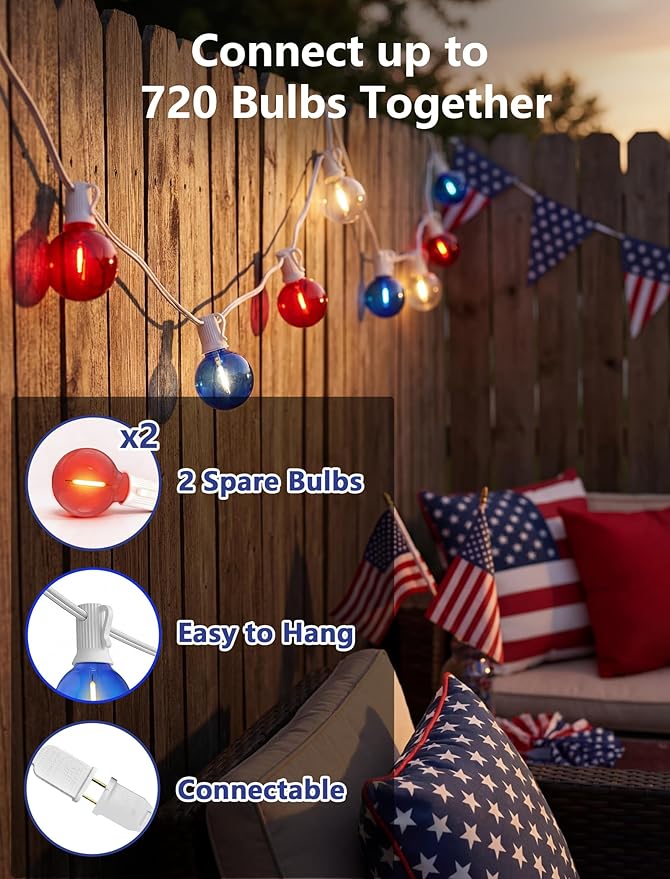 SUNSGNE 4th of July Decorations G40 LED Outdoor String Lights, 50FT Globe String Lights with 25 LED Red White and Blue Lights for Patriotic Memorial Day Decor, E12 Socket Base, White Wire