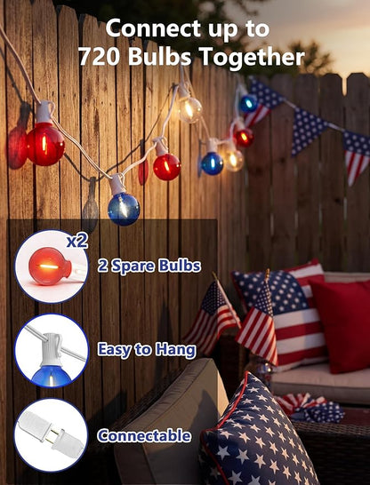 SUNSGNE 4th of July Decorations G40 LED Outdoor String Lights, 50FT Globe String Lights with 25 LED Red White and Blue Lights for Patriotic Memorial Day Decor, E12 Socket Base, White Wire