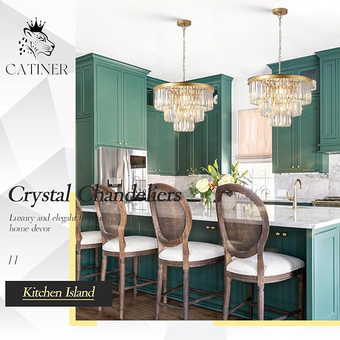 CATINER Modern Crystal Chandeliers,Gold 20” Round Chandeliers for Dining Room 3 Tiers 7 Lights Luxury K9 Crystal Ceiling Pendant Light Fixture for Foyer Bedroom Closet