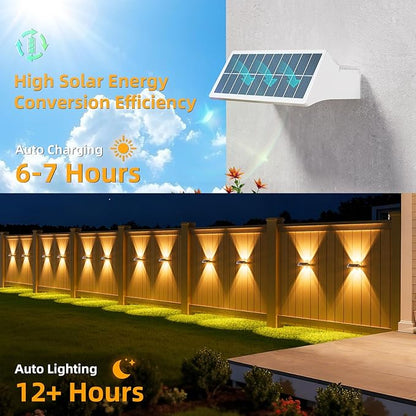 NIORSUN Solar Fence Lights Outdoor, 16 Pack Up and Down Waterproof Solar Wall Lights, Fence Lights with Lens, Warm & Cool White + RGB, Dusk to Dawn Lighting for Patio, Backyard, Pool, Railing (White)