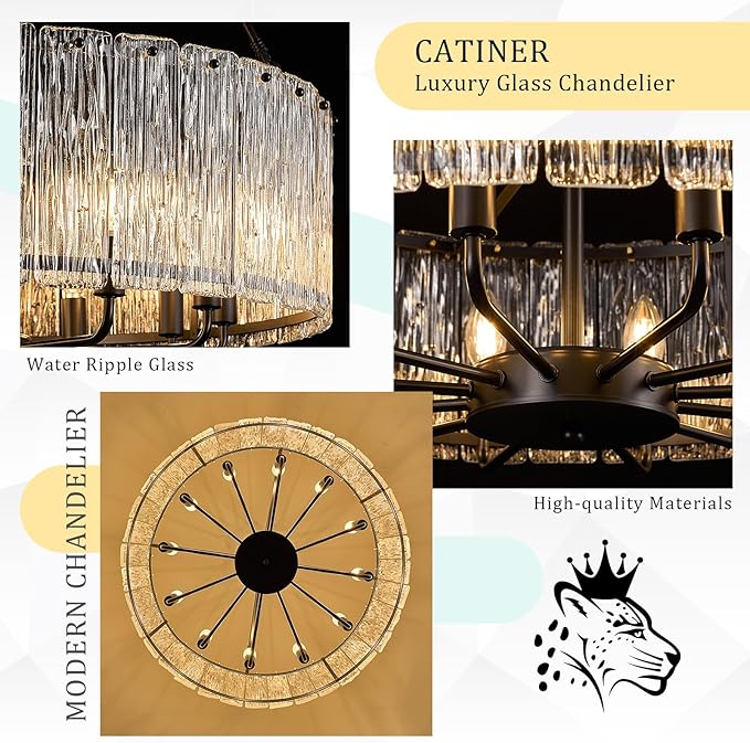 CATINER 12-Light Crystal Glass Chandeliers Modern 30" Black Drum Chandelier Luxury Ceiling Pendant Light Fixture for Living Room Dining Room Kitchen Foyer Bedroom