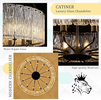 CATINER 12-Light Crystal Glass Chandeliers Modern 30" Black Drum Chandelier Luxury Ceiling Pendant Light Fixture for Living Room Dining Room Kitchen Foyer Bedroom