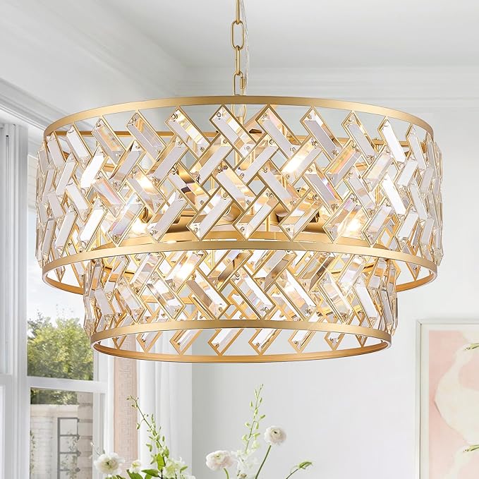 CATINER Gold Crystal Chandelier, 8-Light Drum Semi Flush Mount Ceiling Light, 24'' Luxury Brass Tone Pendant Fixture for Dining Room, Living Room, Kitchen, Foyer, Bedroom