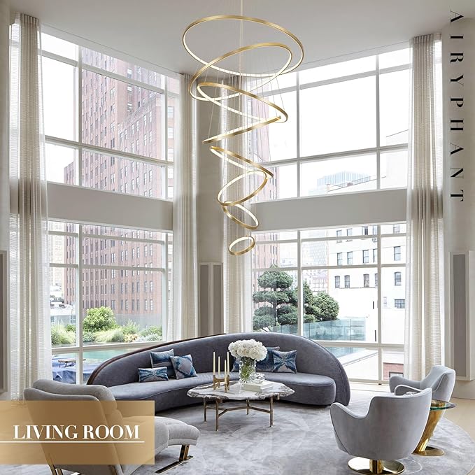 Modern LED Chandeliers 35" Brushed Gold 8-ring Big LED Chandelier for High Ceiling with Remote Control Hanging Height Adjustable Max 98" Long Chandelier for Foyer Living Room Entry Staircase