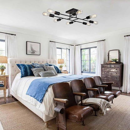 Modern Ceiling Light Semi Flush Mount Light Fixture Mid Century Black Sputnik Chandeliers with 8 Lights Kitchen Light Ceiling for Bedroom Dining Room Living Room Lighting