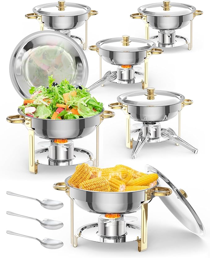 5 QT 6 Packs Chafing Dish Buffet Set, Nsf Round Stainless Steel Chafers and Warmers Food Servers Sets with Lid & Lid Holder, Spoon & Tweezer for Catering Events Parties Weddings Dinners, Gold