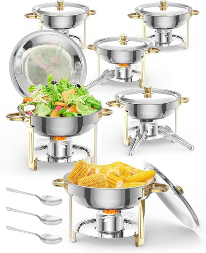 5QT 6 Packs Chafing Dish Buffet Set, NSF Round Stainless Steel Chafers and Warmers Food Servers Sets with Lid & Lid Holder, Spoon & Tweezer for Catering Events Parties Weddings Dinners,Gold