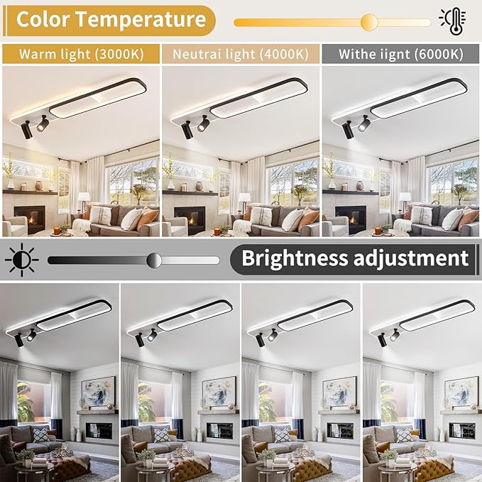 EIDISUNY Modern LED Ceiling Light Remote Control, 39.3in Linear Ceiling Light with 2 Adjustable Spotlights 65W, Dimmable 3CCT, Long Ceiling Light Fixture for Bedroom Kitchen Living Room