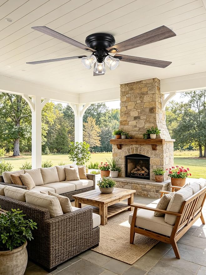60" Flush Mount Vintage Ceiling Fan with Lights and Remote, Farmhouse Rustic Ceiling Fan Low Profile Antique Fandelier Chandelier for Bedroom Living Room, 3 E26 Lights (Bulbs Not Included)