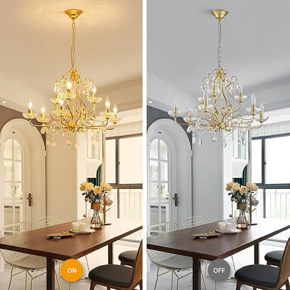WUZUPS 9-Light Crystal Candle Chandelier Pendant Flushmount Ceiling Light Modern Lighting Fixture for Bedroom Hallway Bar Kitchen Bathroom, H 18.1" x W 25.6", Gold, E12 Base