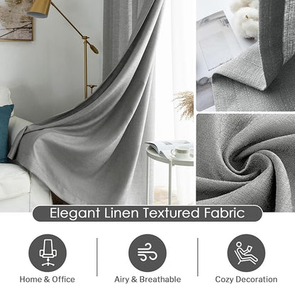 Melodieux Grey Semi Sheer Curtains 96 Inches Long for Living Room, Bedroom Faux Linen Texture Farmhouse Rod Pocket Shiny Sheer Curtains Drapes Light Filtering, 52" W x 96" L, 2 Panels