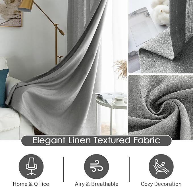 Melodieux Grey Semi Sheer Curtains 84 Inches Long for Living Room, Bedroom Linen Look Farmhouse Rod Pocket Shiny Sheer Curtain Drapes Light Filtering Home Office, 52" W x 84" L, 2 Panels