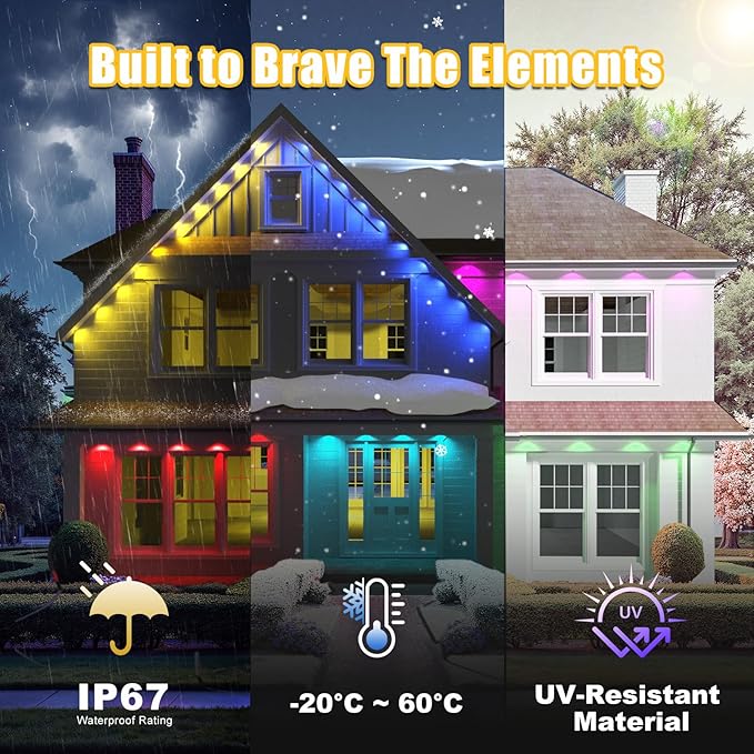Permanent Outdoor Lights, 50ft RGB+IC Smart LED Lights, IP67 Waterproof Smart Outdoor Decorations with App/Remote for Christmas, New Year, Halloween, Holiday, Daily, Party Decor,Valentine's Day