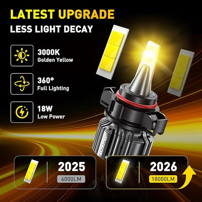AUXITO 5202 5201 18000LM 1000% Brighter 3000K Golden Yellow LED Fog Light Bulbs, PS19W PS24W Fog Lights, 1:1 OEM Replacement for Cars Trucks SUVs, 3-Min Install, IP68 Waterproof, Pack of 2