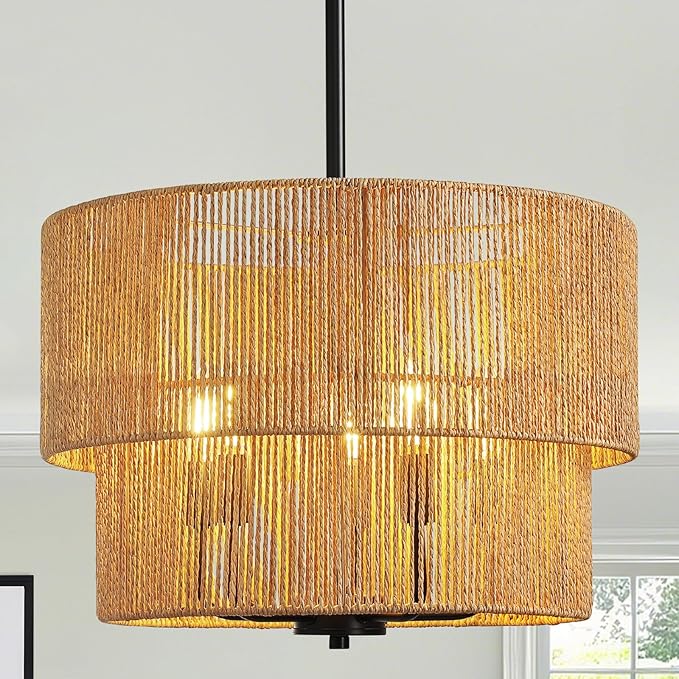 RUIYEY Rattan Chandelier Light Fixtures: 18 inch Boho Large Pendant Lights with Wicker Lampshade, E12 5 Light Height Adjustable Hand Woven Hanging Black Chandeliers for Dining Room Kitchen Living Room