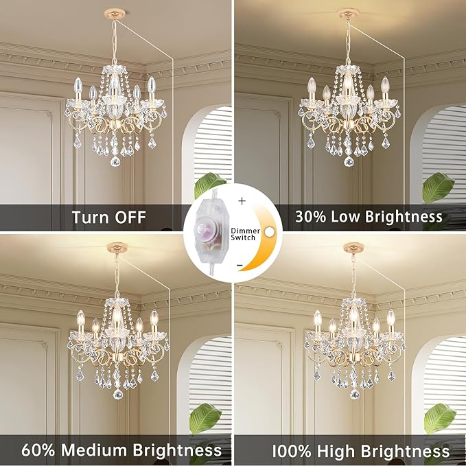 DIMMABLE Plug in Crystal Chandelier 5 Light (BULBS INCLUDED), Champaign Gold Hanging Pendant Light Fixture with 19.68ft Long Cord, K9 Crystal Ceiling for Dining Room, Living Room, Entryway, Kitchen