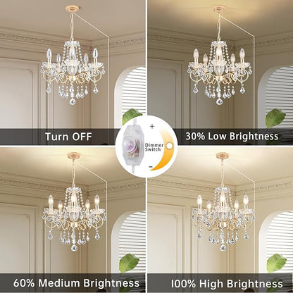 DIMMABLE Plug in Crystal Chandelier 5 Light (BULBS INCLUDED), Champaign Gold Hanging Pendant Light Fixture with 19.68ft Long Cord, K9 Crystal Ceiling for Dining Room, Living Room, Entryway, Kitchen
