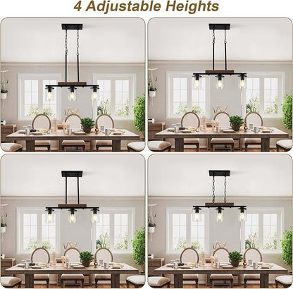 23.6'' Kitchen Island Light Fixtures, 3-Light Dining Room Light Fixture Chandelier Over Table, Black Modern Rustic Wood Ceiling Pendant Light Fixtures, with Clear Glass Shade, Farmhouse Chandelier