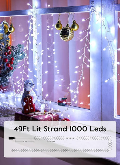 Minetom Fairy Lights Plug in, 50Feet 1000LED Cluster String Lights, Silver Wire Waterproof Starry Firecracker Lights for Ceiling Bedroom Wreath Window Wedding Christmas Tree Decorations, Pure White