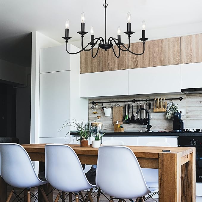 Farmhouse Black Chandelier 6-Light Candle Style Rustic Chandelier, Industrial Metal French Country Ceiling Light Fixture for Dining Room, Kitchen Island, Living Room, Bedroom, Entryway, Foyer