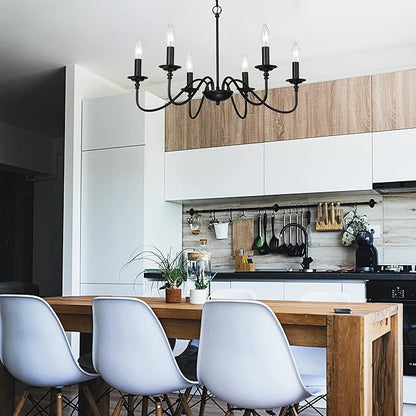 Farmhouse Black Chandelier 6-Light Candle Style Rustic Chandelier, Industrial Metal French Country Ceiling Light Fixture for Dining Room, Kitchen Island, Living Room, Bedroom, Entryway, Foyer