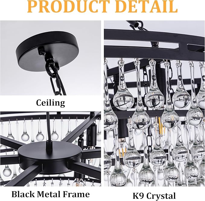 Wellmet Large Black Farmhouse Chandelier, 38in Round Modern Crystal Teardrop Chandelier for Dining Room, Bedroom, Kitchen, Hallway, Closet, Living Room