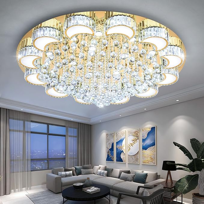 47" Gold Modern Crystal Chandeliers for Dining Room LED Dimmable Light Fixtures Flush Mount Light Living Room Bedrooms