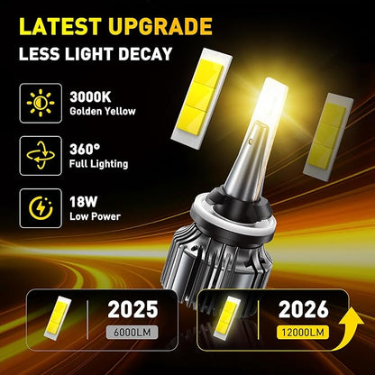 AUXITO 880/899/893 LED Fog Light Bulbs 3000K Golden Yellow 18000LM, 1000% Brighter Amber Fog Lights Kit, 1:1 OEM Replacement for Cars Trucks SUVs, 3-Min Install, IP68 Waterproof, Pack of 2