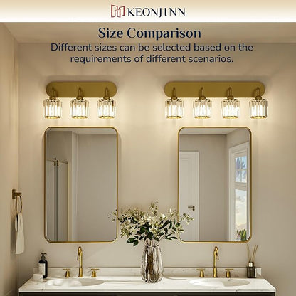 Keonjinn 3-Light Gold Bathroom Light Fixtures, Crystal Bathroom Vanity Lights Over Mirror, Gold Vanity Lighting Fixtures with Crystal Square Shades (E26 Base, Blub Not Included)