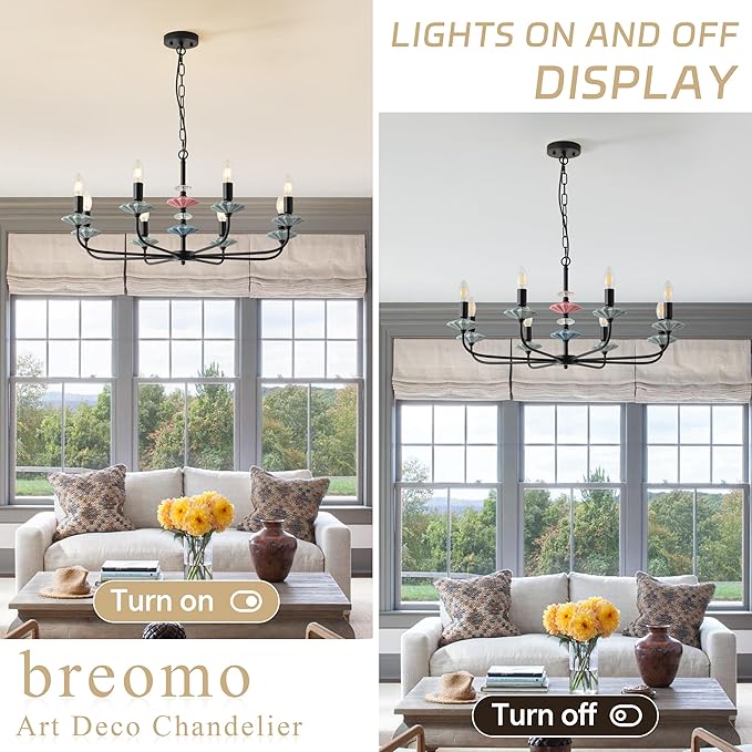 Black Chandeliers for Dining Room Light Fixture Over Table,8-Light Art Deco Chandelier, Modern Vintage Chandelier with Ceramic,Farmhouse Chandelier for Girls Bedroom,Living Room, Foyer