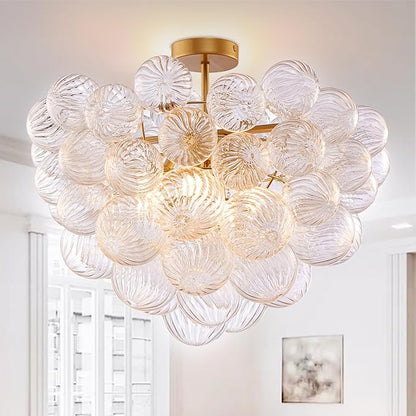 Semi Flush Mount Bubble Ball Chandelier Lighting 24 Inches Gold Clear Ribbed Blown Glass Chandeliers Ceiling Light Fixture for Bedroom, Living Room, Entry, Bathroom