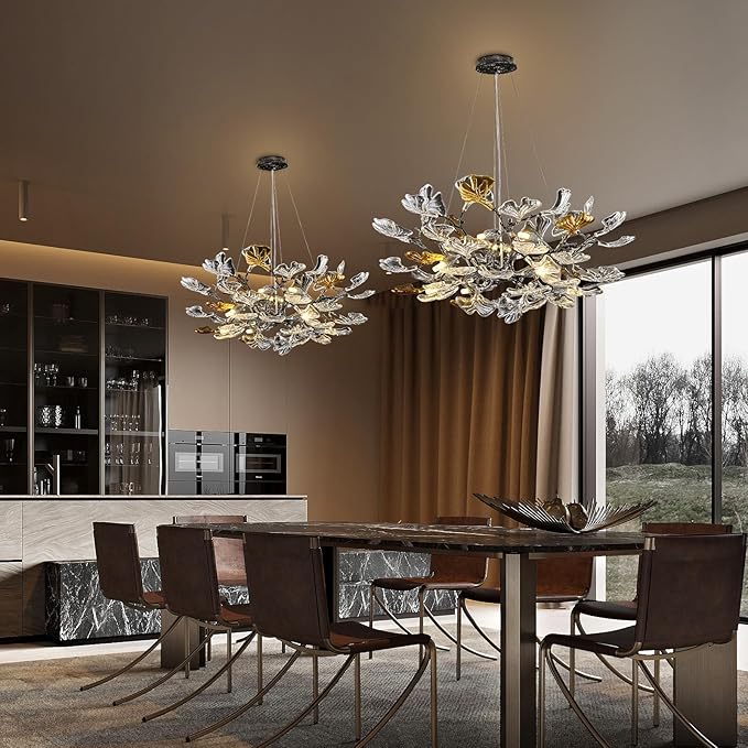 AioTio Black Modern Chandeliers for Dining Room, D31.5''Tree Branch Round Glass Ginkgo Leaf Farmhouse Chandelier,Large Ceiling Hanging Vintage Chandelier for Living Room,Entryway,Kitchen Island,Foyer