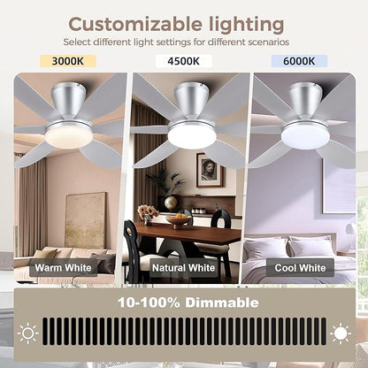 GJeg Ceiling Fans with Lights,42" Low Profile Ceiling Fan with Light and Remote Control,Flush Mount, Reversible, Dimmable, Noiseless, Silver Ceiling Fan for Bedroom