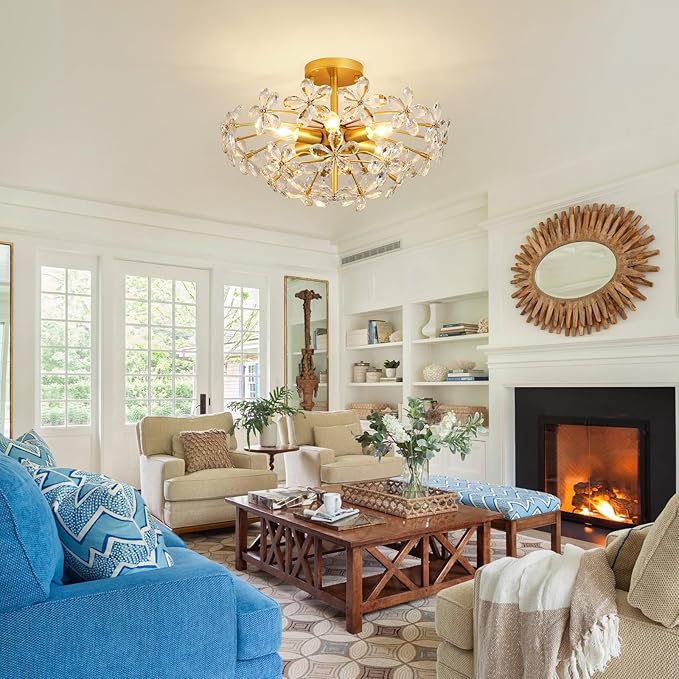 Gold Flower Crystal Ceiling Light 18'' Vintage Semi Flush Mount Light Fixture 6-Light Farmhouse Chandelier for Dining Room, Living Room, Kitchen, Bedroom, Entryway, E12 Base (AJ9010)