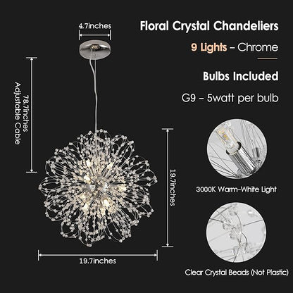 Modern Crystal Chandeliers, 9-Light Chandelier Firework Chrome Pendant Lights, Crystal Sputnik Hanging Ceiling Light Fixture for Dining Room, Bedroom, Living Room