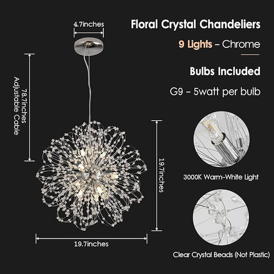 Modern Crystal Chandeliers, 9-Light Chandelier Firework Chrome Pendant Lights, Crystal Sputnik Hanging Ceiling Light Fixture for Dining Room, Bedroom, Living Room