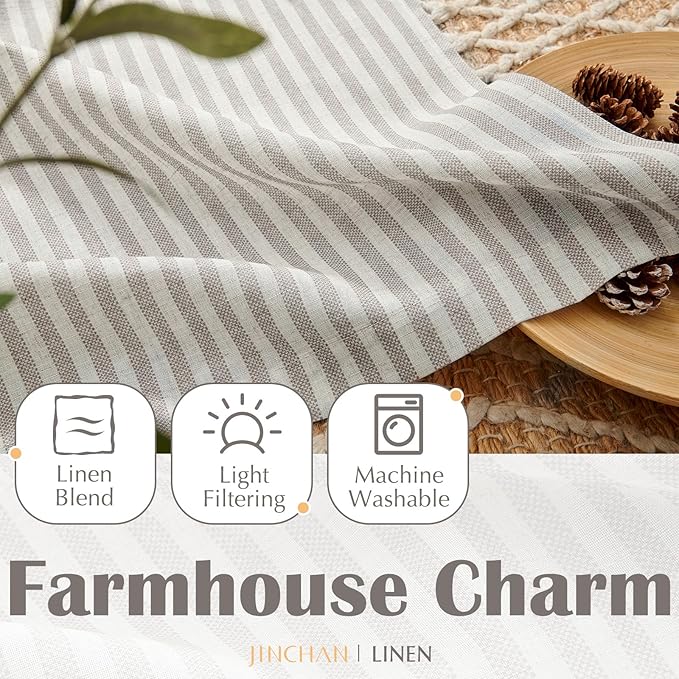 jinchan Striped Linen Kitchen Curtains 24 Inches Tier Curtains Farmhouse Modern Cafe Style Small Window Treatments Airy Light Filtering Rod Pocket for Living Room Bathroom 2 Panels Taupe Grey