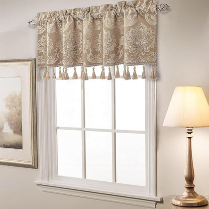 Loom and Mill Luxury Valances for Windows, Elegant Damask Thick Window Treatment Curtains Valance with Handmade Tassels for Living Room, Bedroom Party Banquet Decorations (54" x 18", Light Coffee)