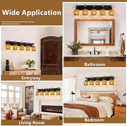 LmnLvn 36" Boho Bathroom Light Fixture, 5-Light Farmhouse Vanity Light, Rattan Bathroom Light Fixture Over Mirror Rustic Vanity Lighting with Handwoven Shades, Suit for Restroom, Bedroom, Hallway