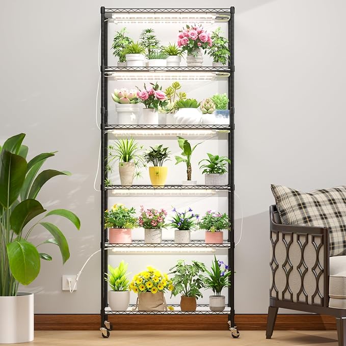 Plant Stand with Grow Light, 6-Tier DIY Plant Shelf with Grow Lights for Seedlings, Greenhouse, Indoor, 8 Pack 5000K 192W LED Full Spectrum Growing Lamp with Rack, Wheel, 29"x13.5"x73.5"