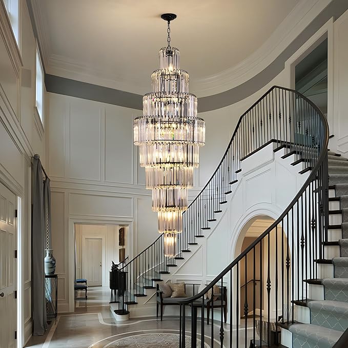 Modern Black Crystal Staircase Chandelier 9-Tier Large Foyer Chandelier for High Ceiling, Long Entryway Chandeliers Adjustable Chain for Entrance Hall Living Room Dia 23.7" x H 69" 20 Lights