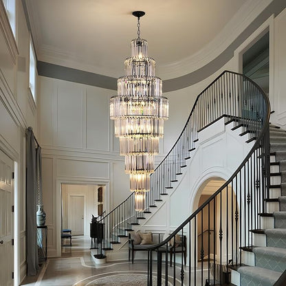 Modern Black Crystal Staircase Chandelier 9-Tier Large Foyer Chandelier for High Ceiling, Long Entryway Chandeliers Adjustable Chain for Entrance Hall Living Room Dia 23.7" x H 69" 20 Lights
