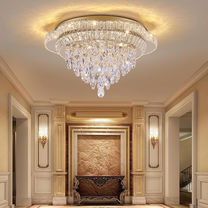Gold 24" Modern Flush Mount Chandelier for Living Room, LED Crystal Ceiling Light for Bedroom,Elegant Dining Room Lighting Fixture with Remote Control, 3CCT Dimmable