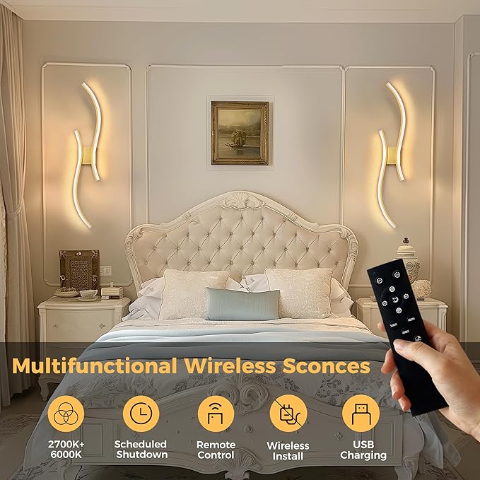 DORESshop Battery Operated Wall Sconces Set of 2, Acrylic Modern Wireless Rechargeable Wall Lights with Dimming, 3000K-6000K, 8000mAh, Sconce Wall Decor for Living Room, Hallway, Bedroom, Gold, 39in