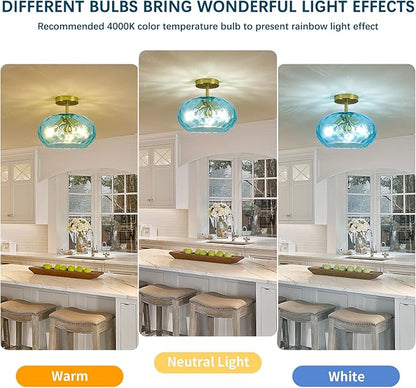 Luafac Blue Glass Semi Flush Mount Ceiling Light - 12 Inch Hammered Glass Hallway Light fixtures Ceiling, Vintage Gold Flush Mount Ceiling Light,Mid Century Light Fixture for Bedroom Entryway Kitchen