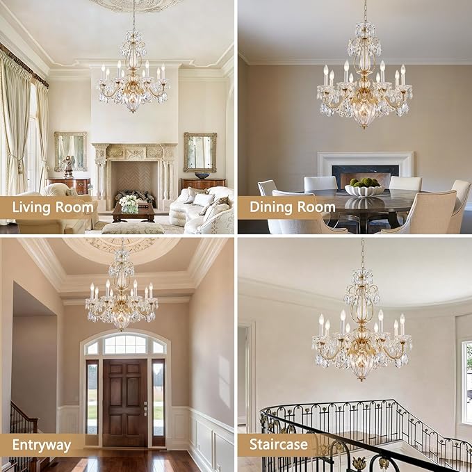 Crystal Chandelier for Dining Room, 8-Light Vintage Brass Chandelier, Pendant Ceiling Light Fixture for Living Room Hallway Entryway Foyer Staircase 30.3" H x 26.8" D