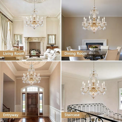 Crystal Chandelier for Dining Room, 8-Light Vintage Brass Chandelier, Pendant Ceiling Light Fixture for Living Room Hallway Entryway Foyer Staircase 30.3" H x 26.8" D
