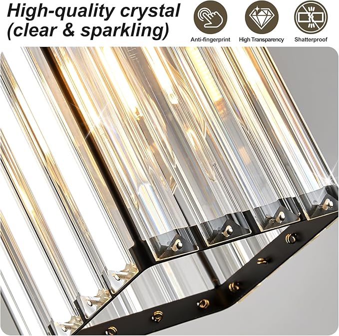 Modern Crystal Pendant Lights Kitchen Island, 1-Light Jet Black Hanging Light with Clear Crystal Shade, Adjustable Height Pendant Lighting for Kitchen Island Dining Room Bedroom Bar Entryway